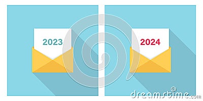 2024 and 2023 festive letter, email, sms or message. Set for holiday greetings and invitations. Vector Illustration