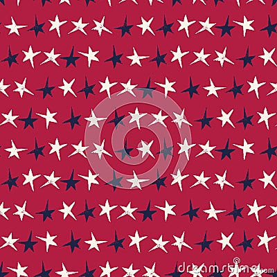 Festive Linocut Blue and White Small Stars on Red Background Vector Seamless Pattern. Hand Made Seamless Holiday Print Vector Illustration