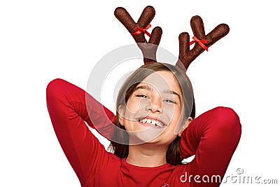 Festive little girl wearing antlers Stock Photo