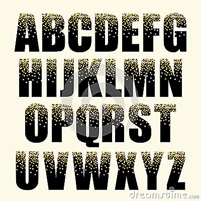 Festive luxury alphabet letters with glamour golden glitter confetti Vector Illustration