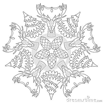 Festive mandala of decorated Christmas trees, pine cones and cute deers Vector Illustration