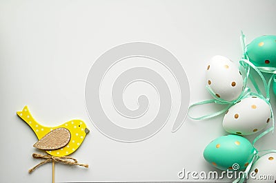 Easter eggs are white blue polka dots. Stock Photo