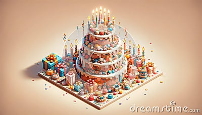 Festive Multi-Tiered Birthday Cake in Isometric View. Created with Generative AI Stock Photo