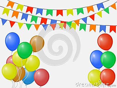 Festive multicolored colorful flags, garlands of Bunting isolated on white background with balloons. Vector template. Vector Illustration