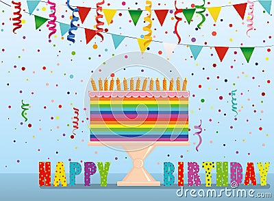 A festive multicolored and iridescent big cake with candles Stock Photo