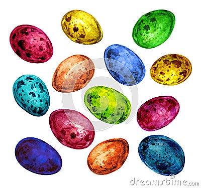 Festive multicolored quail eggs handdrawn in style watercolor Cartoon Illustration