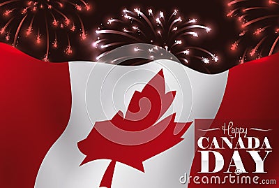 Festive Night of Canada Day with Fireworks and Waving Flag, Vector Illustration Vector Illustration