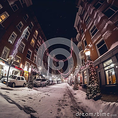 Festive Night in Snowy City Stock Photo