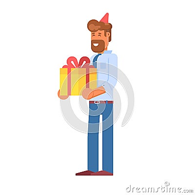 Festive Office Manager with Gift Box Vector Illustration