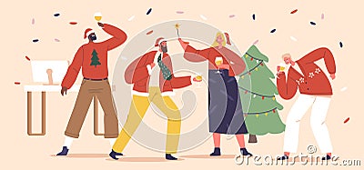 Festive Office Vibes With Twinkling Lights, Colleagues Mingling, And Laughter. Characters In Holiday Suits And Dresses Vector Illustration