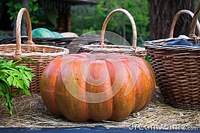 A festive orange pumpkin for Halloween from the collection of fresh harvests from the garden lies in the hay among the woven baske Stock Photo