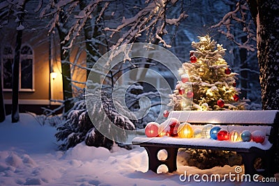 Festive Outdoor Scene with Snow-Covered Bench Surrounded by Trees Adorned with Colorful Lights and Ornaments Stock Photo