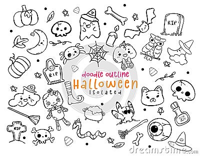 Festive outline doodles Halloween elements hand drawing idea for autumn decor with cute characters , ghosts, witches, pumpkins Vector Illustration