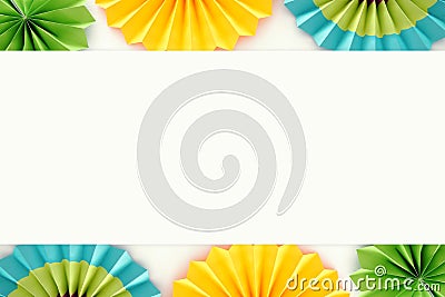 Festive and party background with colorful paper circle fans over wooden white background. Copy space. Stock Photo