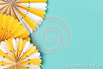 Festive party background with yellow paper circle fans over blue pastel background Stock Photo