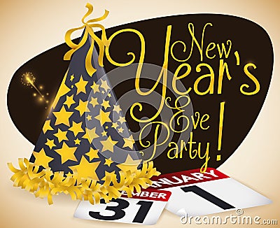Starry Party Hat, Calendars and Fireworks for New Year, Vector Illustration