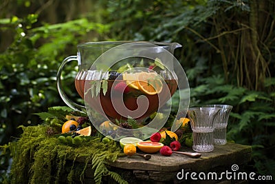 festive pimms punch bowl surrounded by greenery Stock Photo