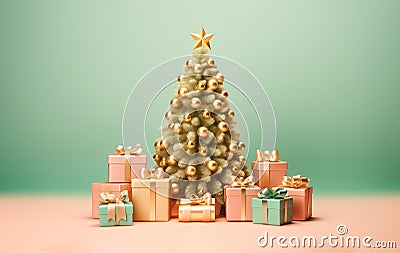 Festive Postcard New Year. Green Christmas Tree, Pine with Golden Toys, Decorations And Stock Photo