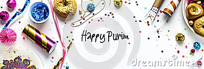 Festive Purim background, Purim attributes, triangular pies, Haman ears, traditional hamantaschen cookies. Postcard on a Stock Photo