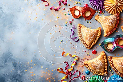 Festive Purim background, Purim attributes, triangular pies, Haman ears, traditional hamantaschen cookies. Postcard on a Stock Photo