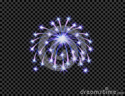 Festive purple firework salute burst, flash on transparent checkered background. illustration Vector Illustration