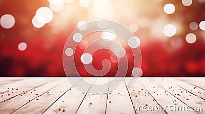 Festive Radiance: Red Bokeh on White Wood Palette Stock Photo