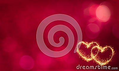 Festive Red background with glowing gold hearts Stock Photo
