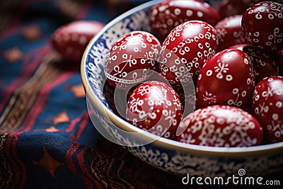 Festive red eggs adorned with classic Easter designs Stock Photo