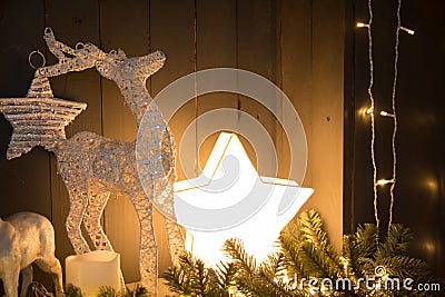 Festive retro background with a burning star and deer Stock Photo