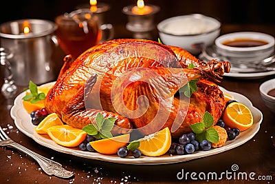 Festive roast turkey with sauce for Thanksgiving or Christmas. Generative AI Cartoon Illustration