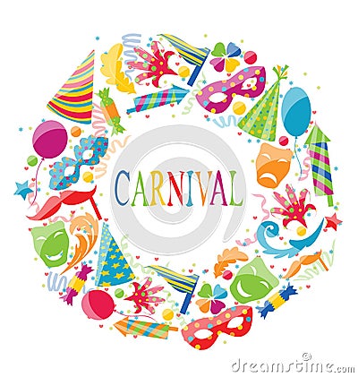 Festive round frame with carnival colorful icons Vector Illustration