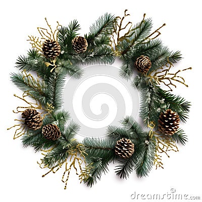 Festive round frame Christmas tree branches, pinecone and red berries, Concept minimalist Christmas and new year,AI generated Stock Photo