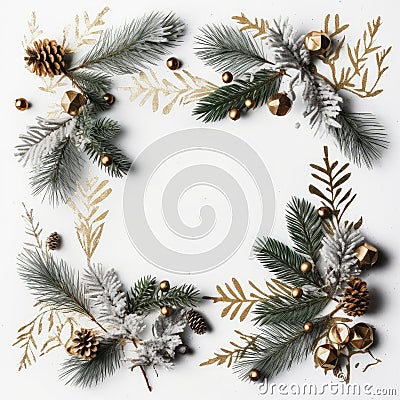 Festive round frame Christmas tree branches, pinecone and red berries, Concept minimalist Christmas and new year,AI generated Stock Photo