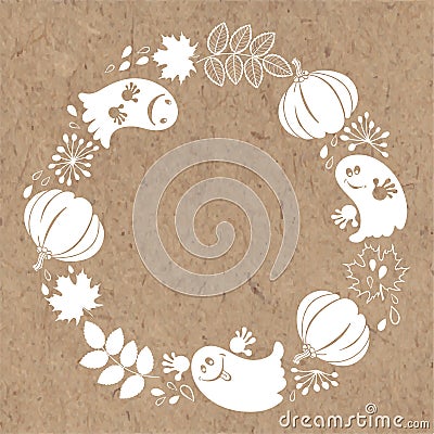 Halloween background with funny ghosts and pumpkins. Round vector illustration with place for text on kraft paper. Can be greetin Vector Illustration