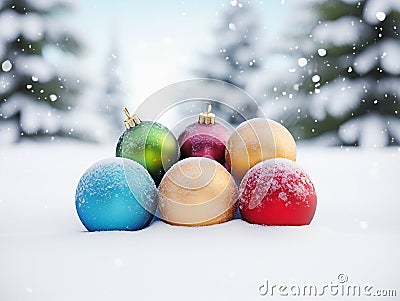Festive round multicolored Christmas balls on light white background Stock Photo