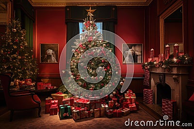 a festive scene featuring a grand christmas tree, surrounded by presents and stockings Stock Photo