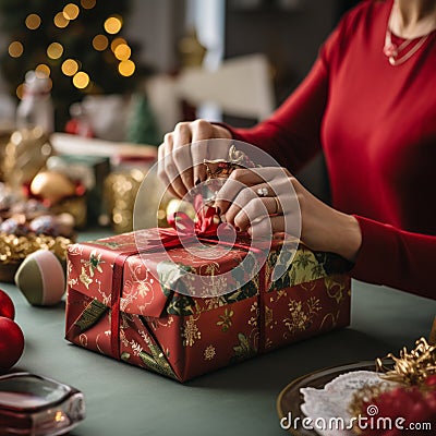 Festive scene with hands wrapping a Christmas gift Stock Photo