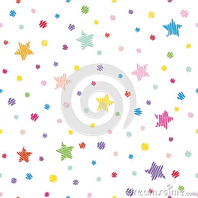 Festive seamless pattern background. Colorful polka dots and stars isolated on white. Vector Illustration