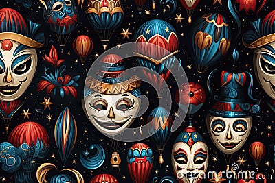 festive seamless pattern with colorful carnival masks clowns for the holiday on black background Stock Photo