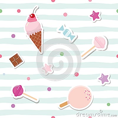 Festive seamless pattern with cute stickers on striped background. For birthday and scrapbook design. Vector Illustration