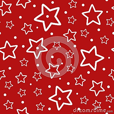 Festive seamless pattern. Repeated outlines of white stars and polka dots on red background. Vector Illustration