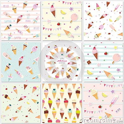 Festive seamless pattern set with sweets. Ice cream summer theme. Vector Illustration