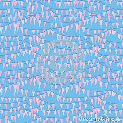 Festive seamless vector pattern with pink bunting on blue background Vector Illustration