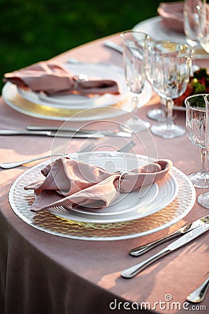 Festive served romantic table napkins tableware Stock Photo