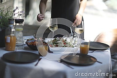 Festive served table with snacks and drinks Stock Photo