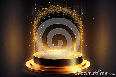 A festive showcase for awards. Podium, golden pedestal for displaying product with glowing sparks. Cartoon Illustration