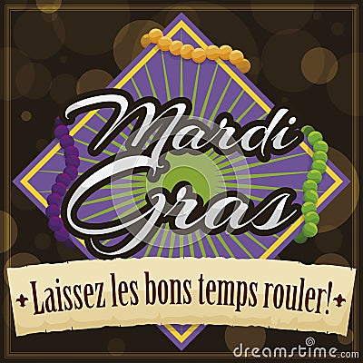 Festive Sign with String Beads and Scroll Promoting Mardi Gras, Vector Illustration Vector Illustration