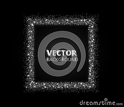 Festive silver sparkle background. Glitter border, circle frame. Vector dust, diamonds, snow on black. Vector Illustration