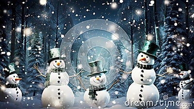Festive snowmen come alive in a magical forest at night, dancing and celebrating Stock Photo