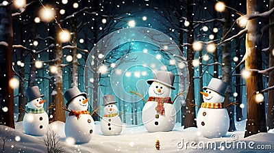 Festive snowmen come alive in a magical forest at night, dancing and celebrating in a whimsical and enchanting Christmas Stock Photo